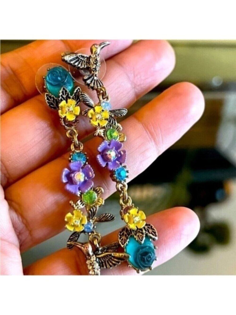 Rhinestone Flower VTG Hummingbird Dangle Earrings